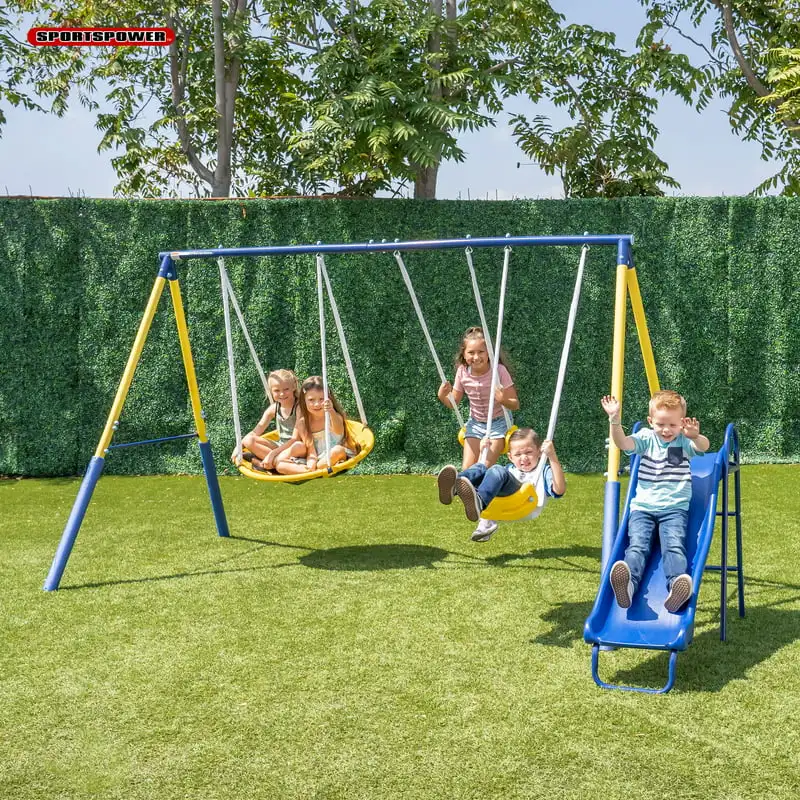 

Saucer Metal Swing Set with 2 Swings, Saucer Swing and a 1pc Heavy Duty Slide