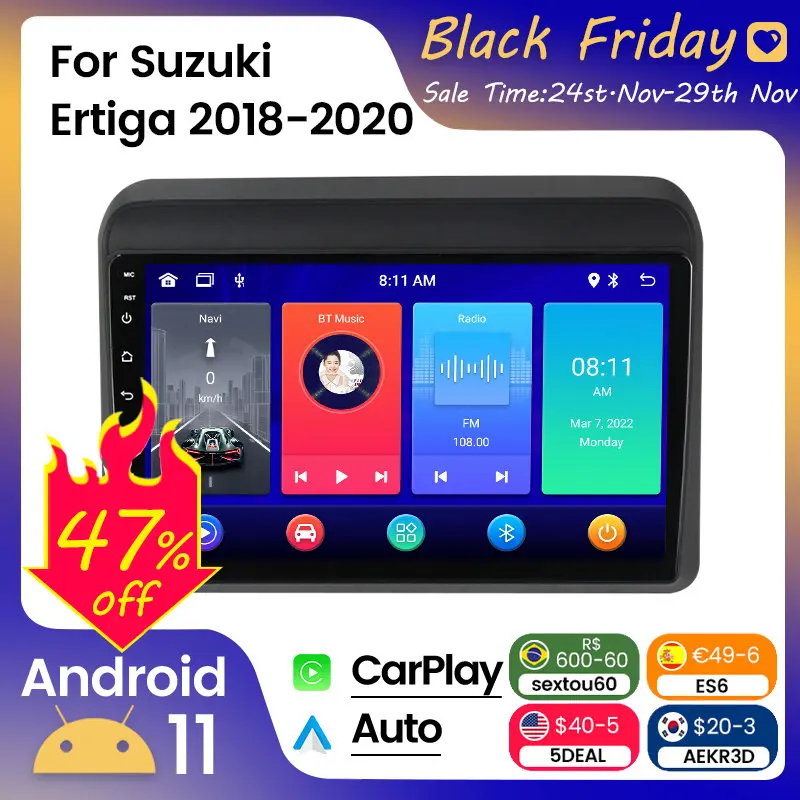 

9INCH Android 11 Headunit 2DIN Car Radio Stereo For Suzuki Ertiga 2018 2019 2020 Multimedia Player Carplay+Auto WIFI 4G RDS DSP