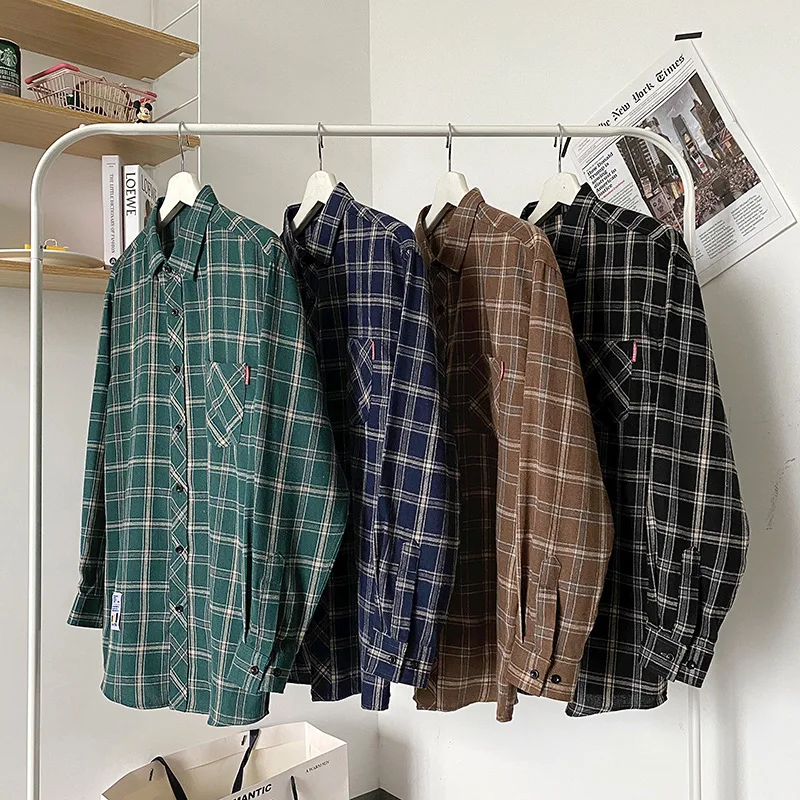 2022 harajuku Plaid Shirt Men Hip Hop Flannel Checked Over Size Shirts High Quality Spring New Oversize Streetwear Retro Blouses