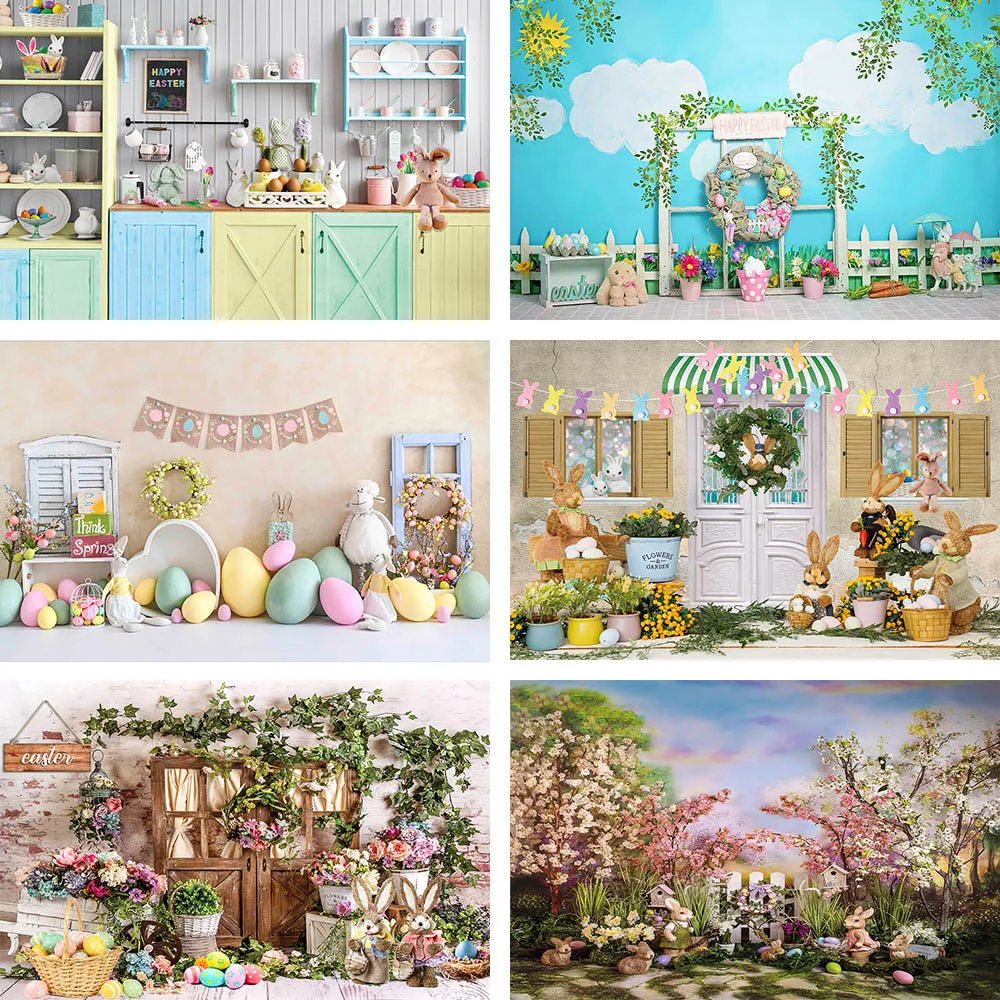 

Avezano Happy Easter Backdrops for Photography Spring Flowers Garden Bunny Eggs Kitchen Kids Portrait Decor Background Studio