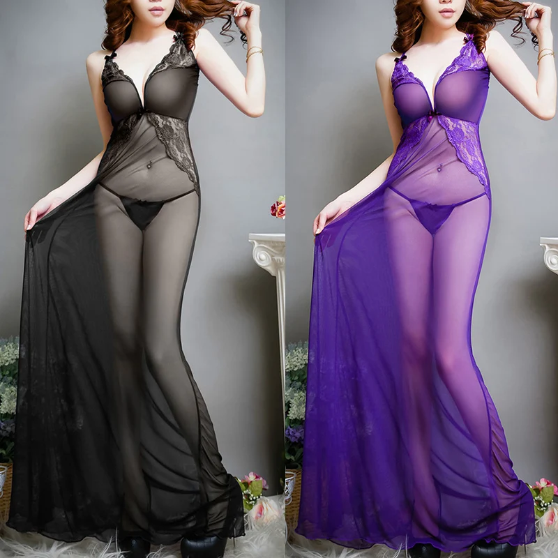 

Женское экзотическое нижнее белье, костюм на бретельках с глубоким V-образным вырезом, кружевное прозрачное длинное нижнее белье, платье с н...