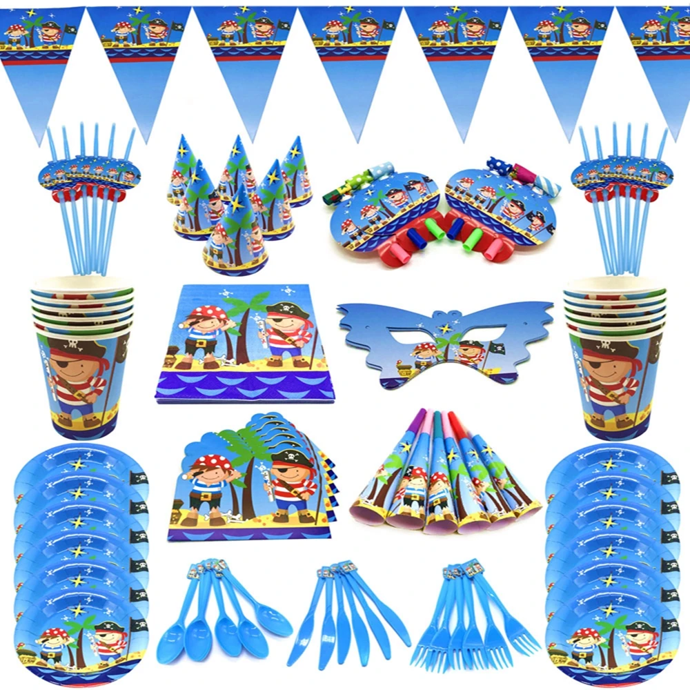 

Little Pirate Party Theme Kids Birthday Decor Pirate Party Plates Invitation Card Cups Blue Tablecloth Pirate Party Set Supplies