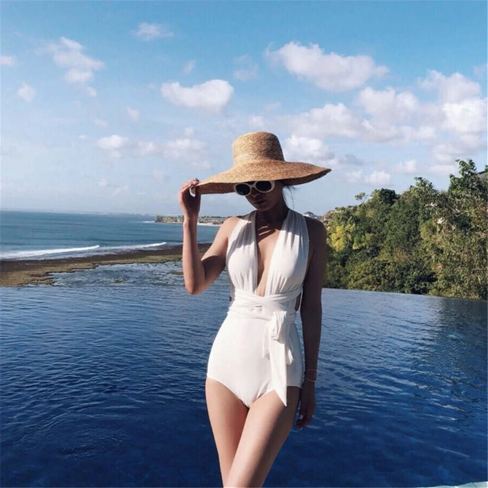 

Sexy High Cut One Piece Swimsuit Solid Swimwear Women White Monokini Open Back Trikini Push Up Bathing Suit Bandage Beachwear