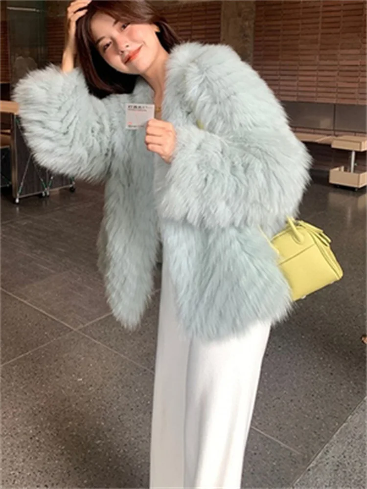 

2022 Autumn and Winter New Imitation Fox Fur Coat Women's Short Fashion Hot Sell Young Style Mint Blue Thick Warmth Clothing