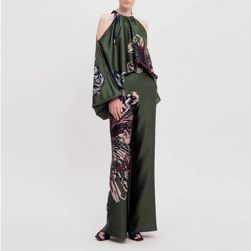 

Fashionable Print Sexy Off Shoulder Tops + Long Pants Suits Casual Loose Tie-up Office Lady Outfits Women Elegant Two Piece Sets