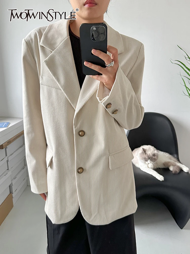 

TWOTWINSTYLE Solid Vintage Blazers For Women Notched Collar Long Sleeve Loose Casual Temperament Coats Female Fashion Clothing