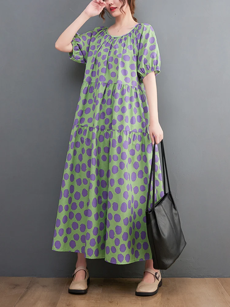 

2022 Summer New Green Vintage Polka Dot Print Dresses For Women Short Sleeve Loose Casual Long Dress Fashion Elegant Clothing