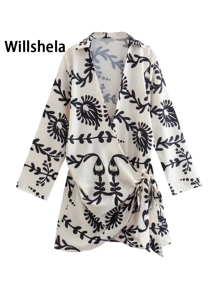

Willshela женское модное платье миди с узлом и принтом винтажные женские платья с v-образным вырезом и длинными рукавами