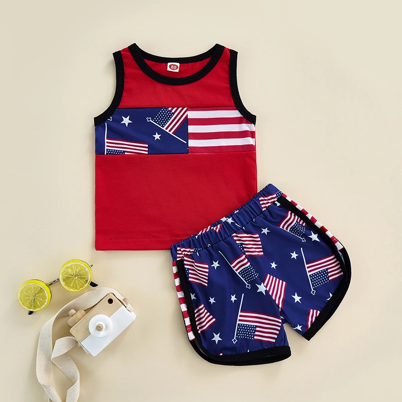 

Toddler Boys Independence Day Outfits Stripe Stars Flag Print Sleeveless Tank Tops+Elastic Waist Shorts 2Pcs Set for 0-4T