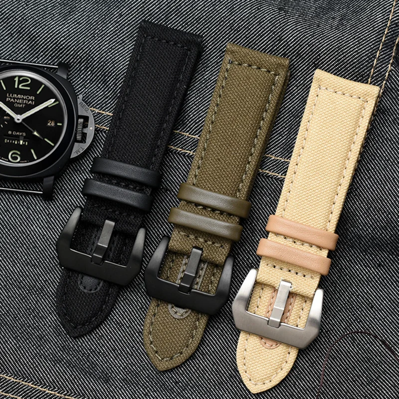 PAM111 PAM441 Canvas WatchBand 20MM 22MM 24MM For Panerai Nylon Leather Watch Strap Waterproof Sport Men Accessories Black Khaki