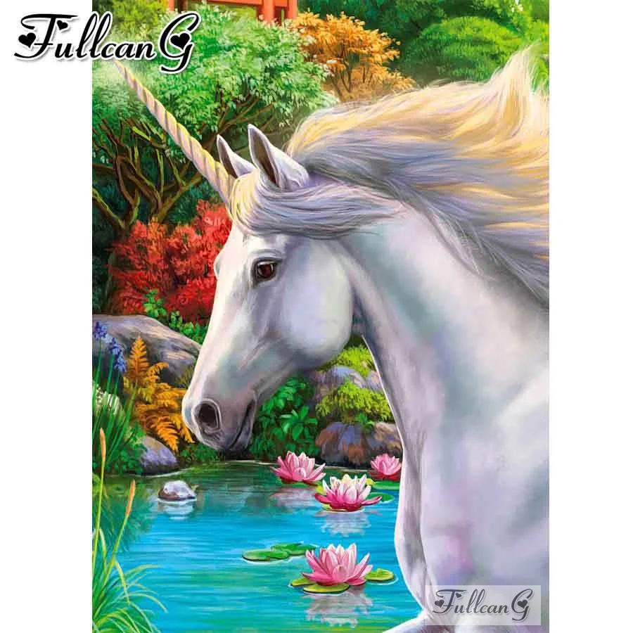 

FULLCANG white unicorn Flower diamond painting cross stitch diy 5d full drill rhinestone embroidery animal mosaic arts FG1156