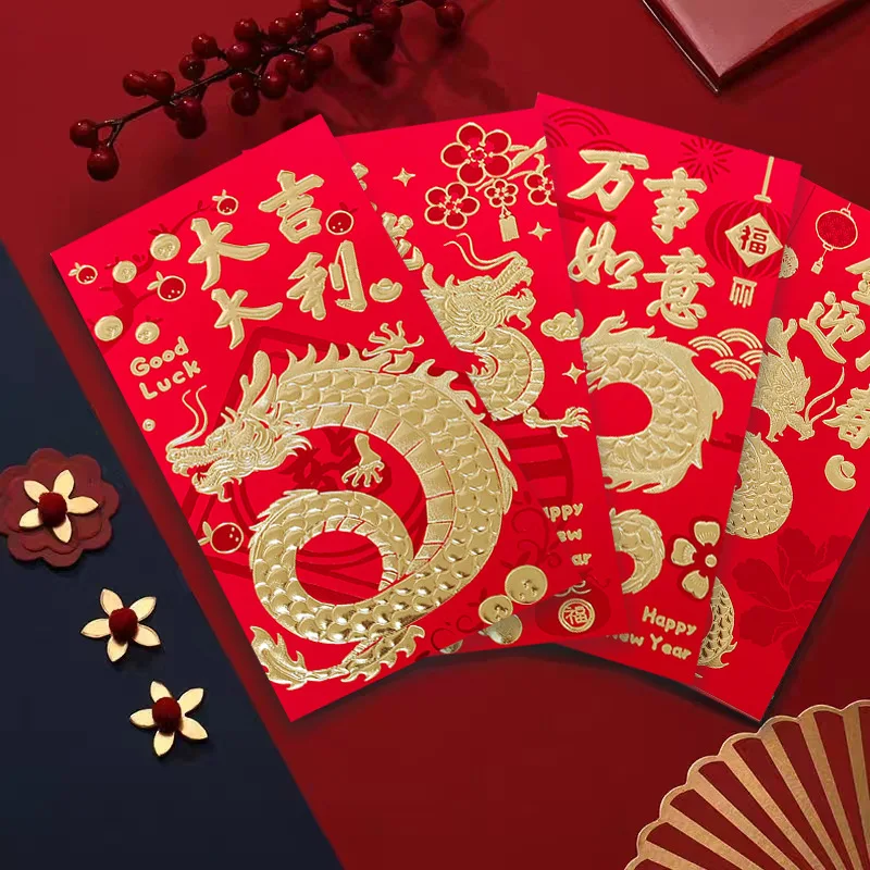 

2024 Year Of Dragon New Year Red Envelopes HongBao Lotus Peony Floral Spring Festival Lucky Money Pocket for Party Decoration