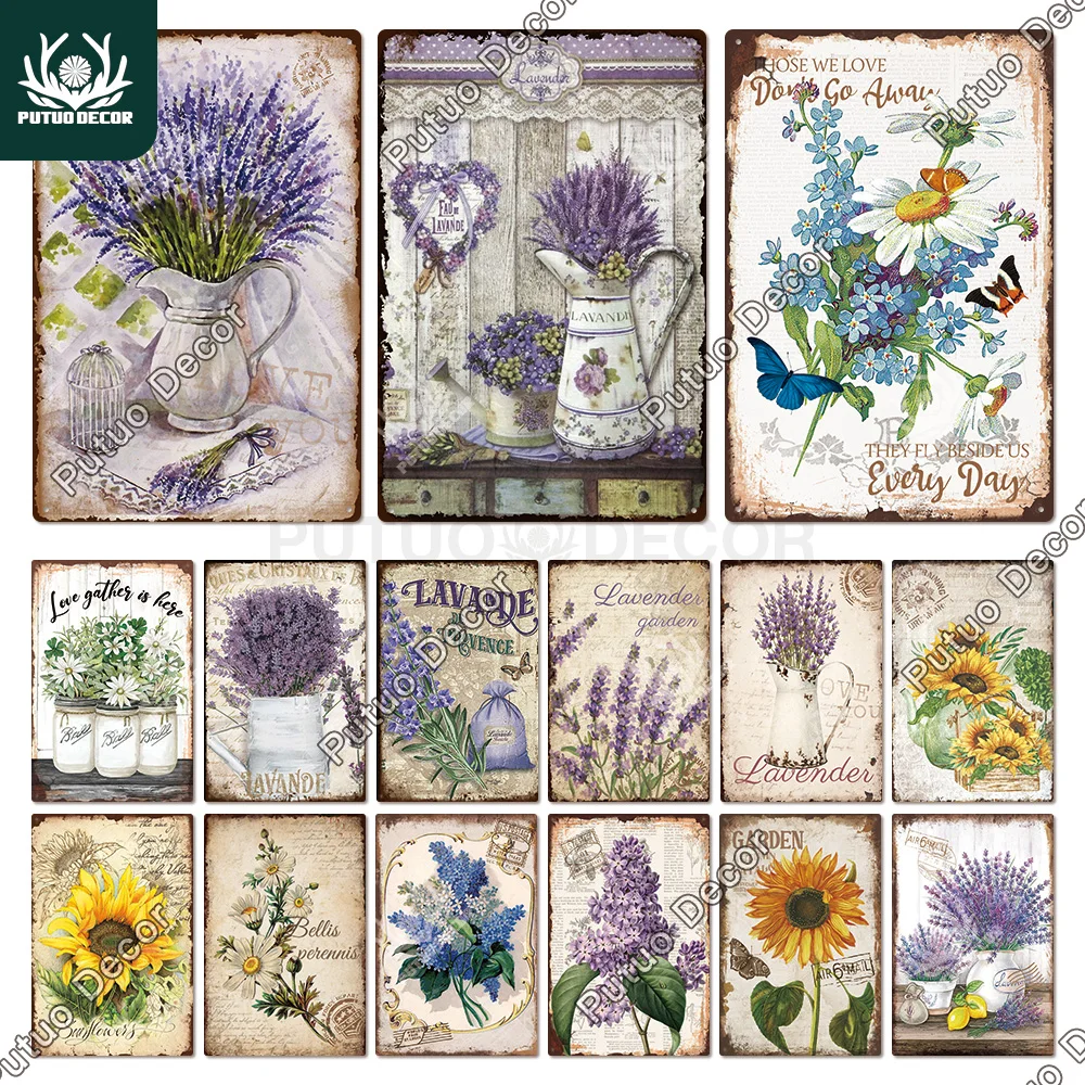 

Putuo Decor Lavender Metal Signs Tin Poster Metal Vintage Sunflower Signs Retro Flower Tin Sign Daisy Wall Decor for Home Garden