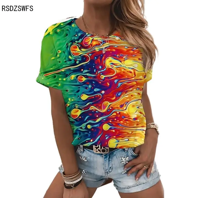 

Ladies Summer European and American Round Neck Top 3d Printing Gradient Fashion Short-sleeved T-shirt Rainbow Color Top