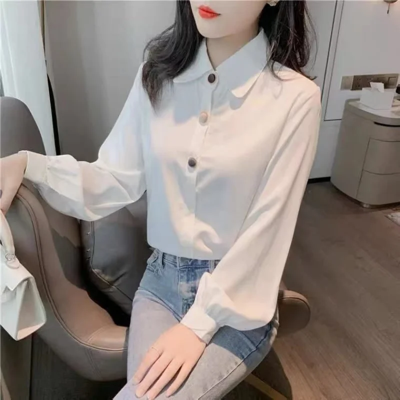 

Spring New Long Sleeve Women Three Buttons Top Blouse Women Autumn White Chiffon Shirt Women