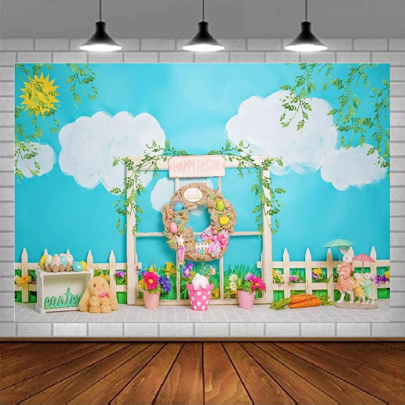 

Фон для фотосъемки с изображением кролика, голубого неба, стены, цветов, травы, детского дня рождения