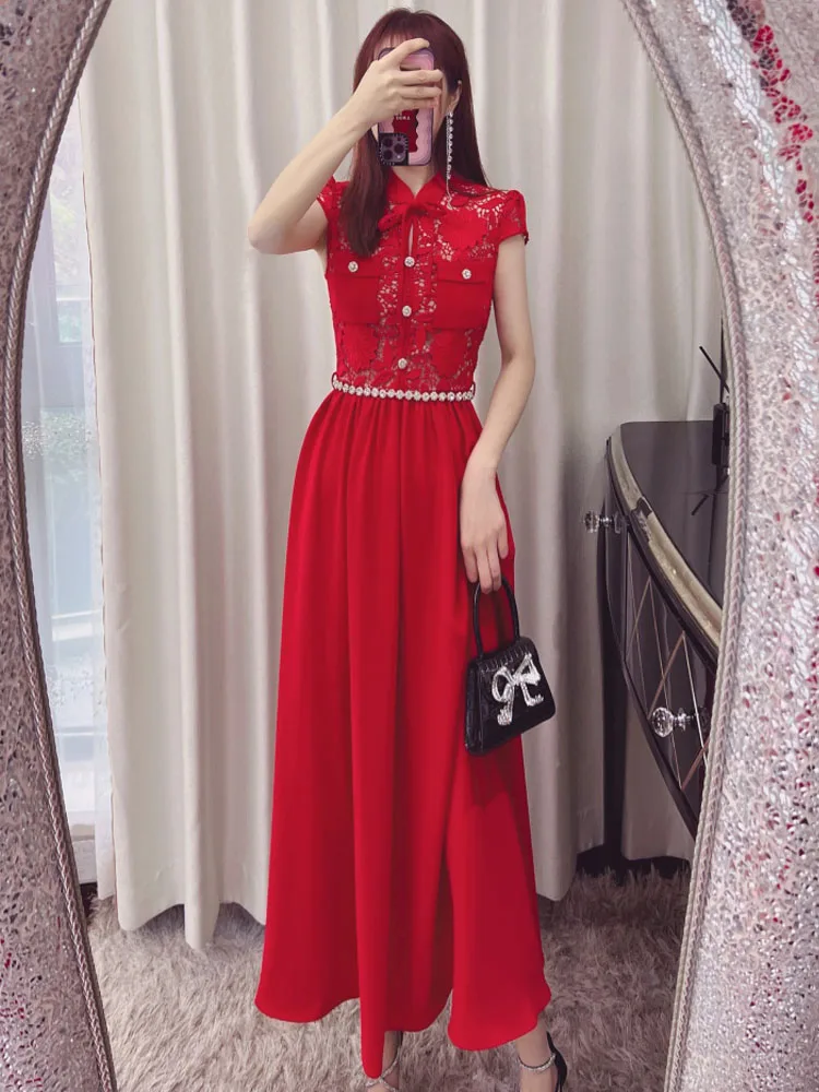 

VKBN весенне-летнее женское платье 2023 повседневное красное с коротким рукавом Кружевное платье с поясом для встречи выпускников дизайнерское элегантное вечернее платье