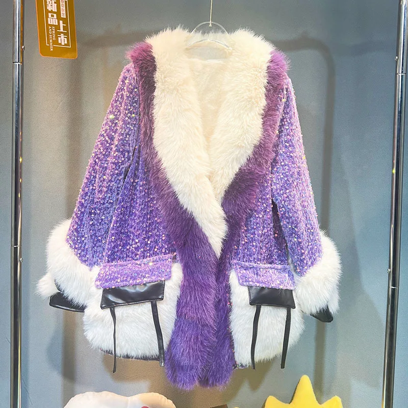 

Женская куртка из искусственного меха кролика Рекс, Повседневная теплая шуба из искусственной кожи с большим отворотом и блестками, зимнее пальто из искусственного меха