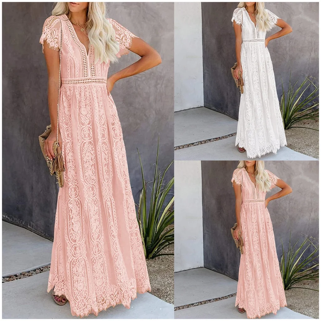 

Women Lace V Neck Short Sleeves Cocktail Host Club Night Long Dress Party Maxi Gown