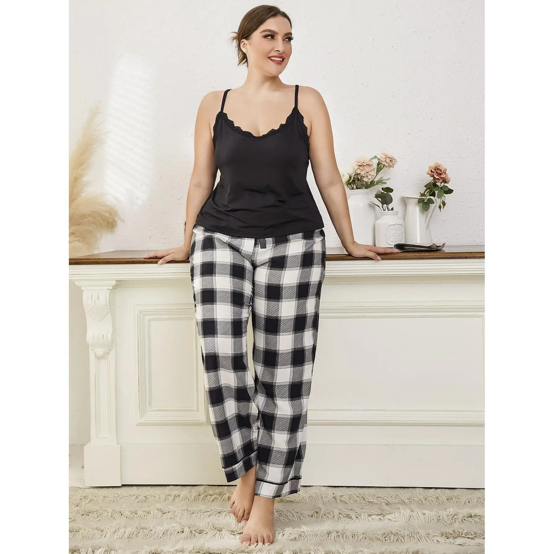Summer V-Neck Sleepwear Suit Flounce Pullover Back T-shirt Top With Black White Plaid Female Pants Homewear Casual Wear 4XL