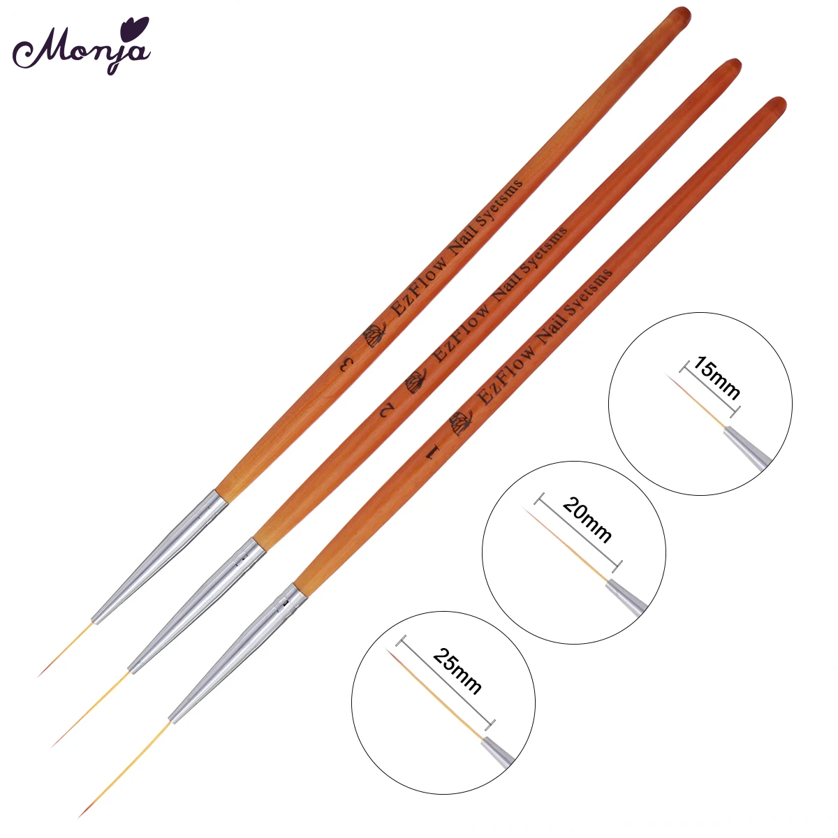 Monja 15/20/25mm 3pcs Nail Art Wooden Handle French Painting Brush Lines Liner Flower Grid Image DIY Drawing Pen Manicure Tool