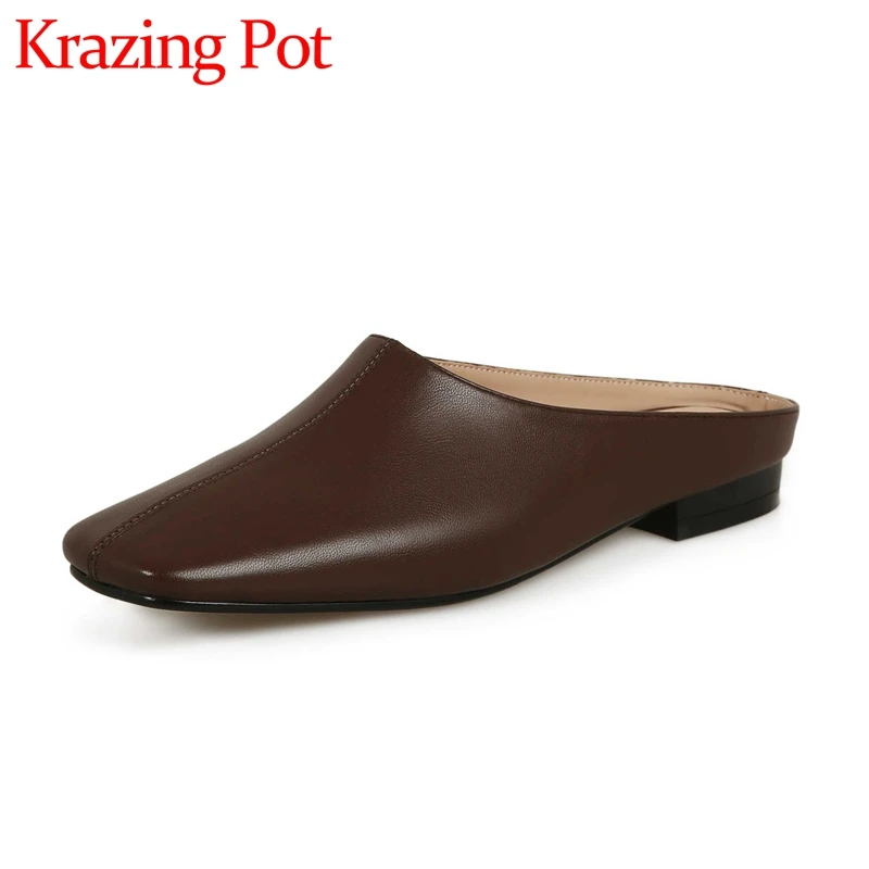 

Krazing Pot Genuine Leather Square Toe Deep Mouth Slip on Outside Slippers Young Lady Daily Wear Solid Cozy Women Slippers L22