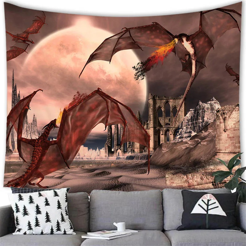 Flying Dragon Tapestry Wild Animals In Ancient Times Hanging Curtain Fire Breathing Dinosaur Castle Moon Decor for Bedroom Home