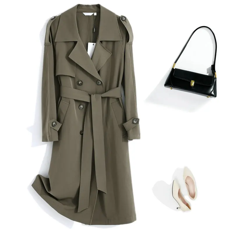 

Spring Autumn New Double breasted Mid-length Trench Coats Fashion Women Clothing Casual Long Windbreaker JP386