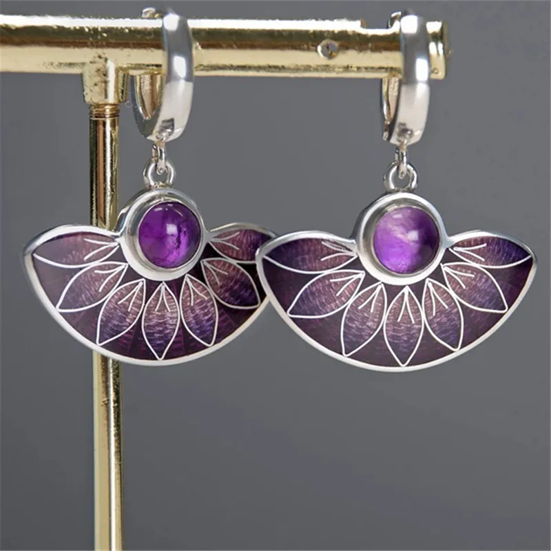 

New Vintage Silver Color Half Circle Drop Earrings Ethnic Metal Inlaid Purple Zircon Leaves Dangle Earrings for Women Jewelry