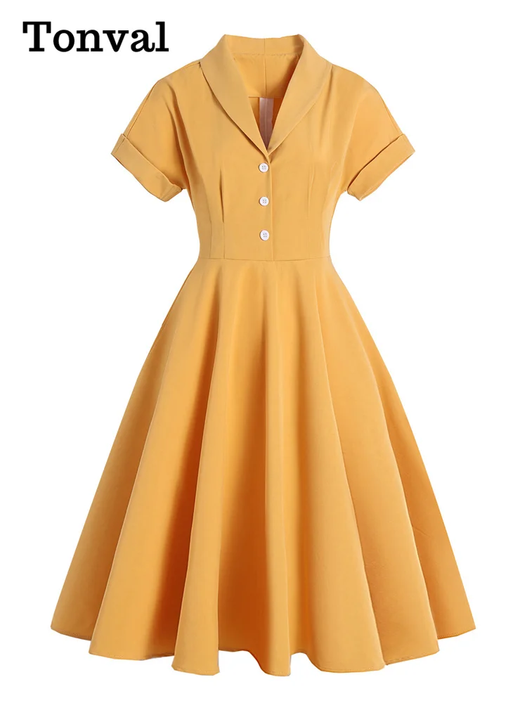 Tonval Turn Down Collar Button Up Yellow Elegant Women Summer Dress 1950S Vintage Style Ladies Solid Midi Swing Dresses