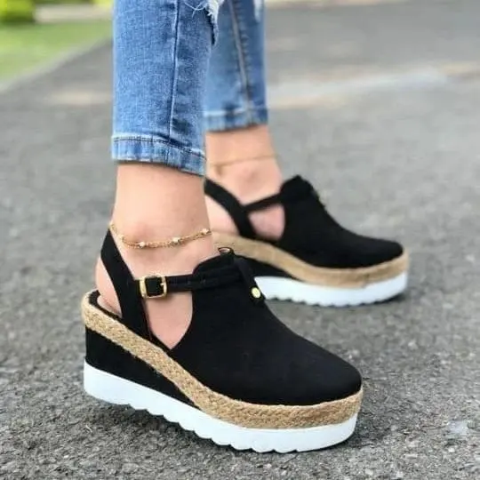 

2020 Summer New Women's Shoes Thick-soled Heightened PU Baotou Round Toe Wedge Sandals Shoes for Women