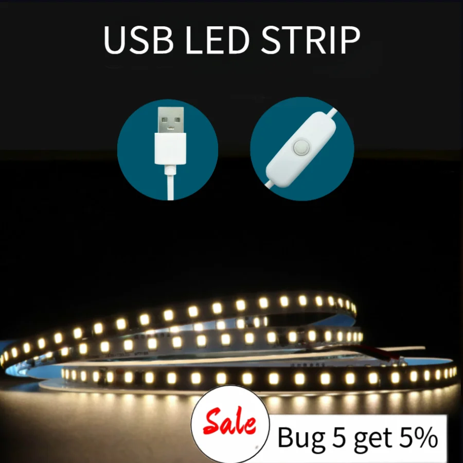 5V USB LED Strip Light with Switch 1M 2M 3M 5M Waterproof Bright Decoration Tape for House Room Backlight Ribbon