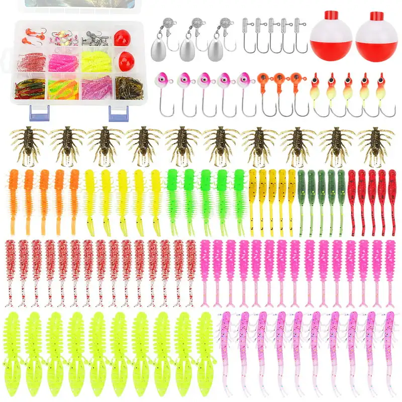 

Lures Tackle Box Trout & Crappie Ice Fishing Gear Kit,Including Jig Heads,Soft Plastic baits for Panfish,Bluegill, Bass etc Fres