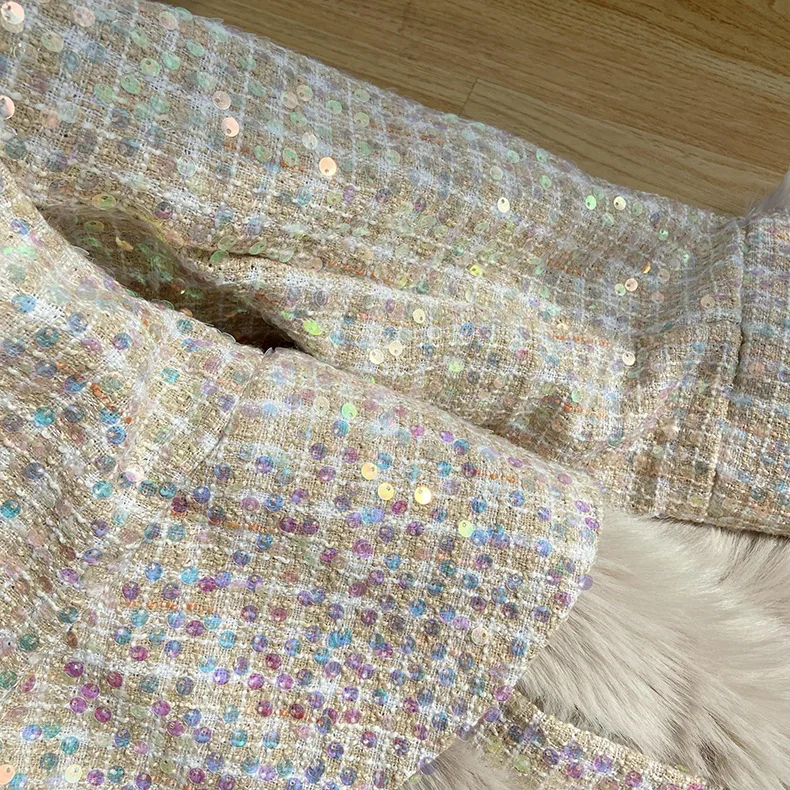 Faux Fur Coat Women 2022 Autumn Winter Patchwork Sequins Long Tweed Jackets Female Casual Elegant Loose Turn Down Collar Outwear