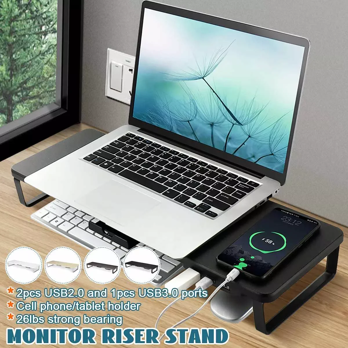 Monitor PC Laptop Stand Monitor Riser 3 USB Charging Desk Phone Holder Computer Desk Support Monitor Holder for Home Office