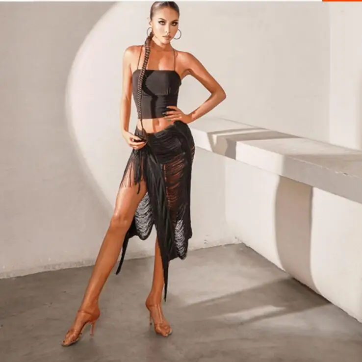 Черно-зеленое платье для сальсы с бахромой и юбкой-топом латиноамериканских