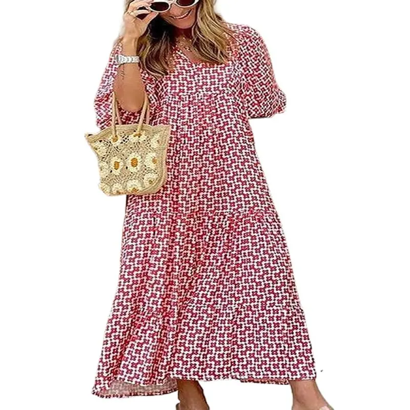 

Women Short Puff Sleeve V Neck Maxi Dress Summer Boho Floral Printed Dress Smocked Tiered Flares Sundress