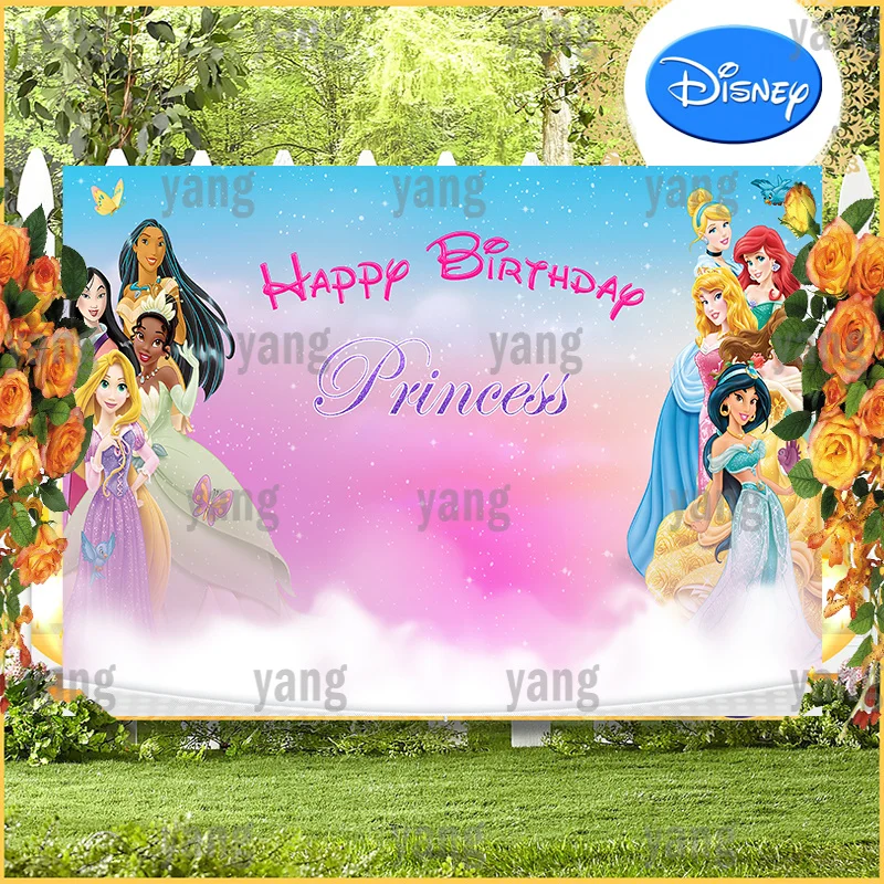 Free Customize Disney Happy Birthday Backdrop Princes Sleeping Beauty Mulan Aladdin Tangled  Rapunzel Background Shower Party