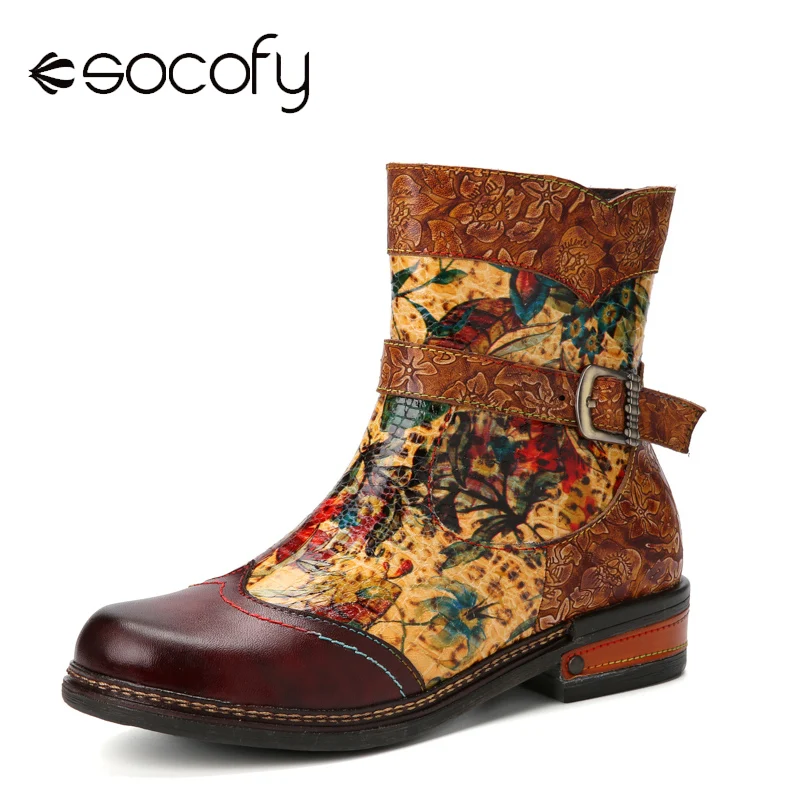 

Socofy Retro Ethnic Floral Print Leather Patchwork Buckle Side-zip Soft Comfy Flat Short Boots Women Winter Short-Calf Boots