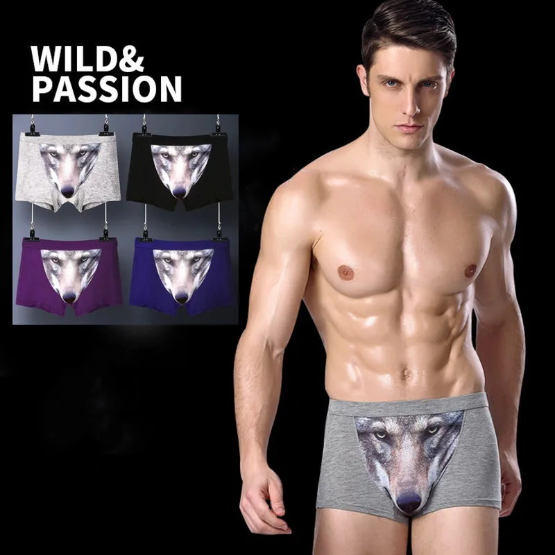 4Pcs/lot Wolf Printed Sexy Men Wolf Boxer Soft Breathable U Convex Man Boxershorts Homme Underwear Plus Size L-4XL трусы мужские