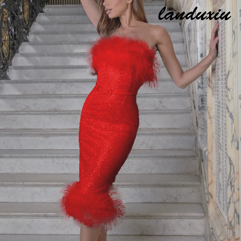 

2022 New Women's Clothing Feather Sexy Wrap Chest Sequins Slim Hip Pencil Evening Dress Vestidos Femininos Frete Grátis