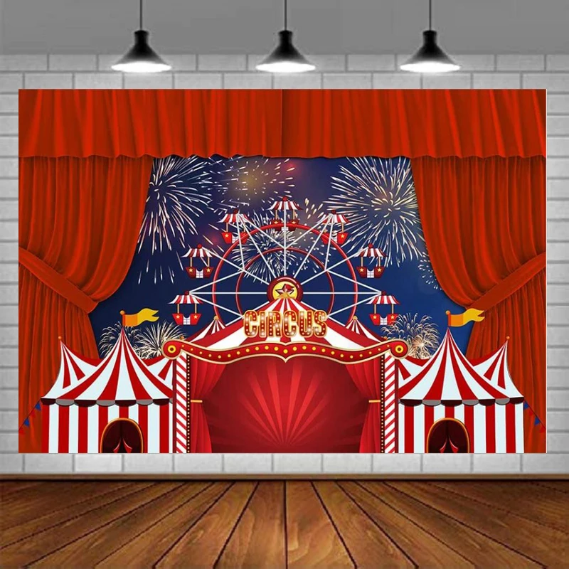 

Red Circus Tent Photography Backdrop Carnival Ferris Wheel Night Fireworks Background Kids Birthday Party Decoration Baby Shower