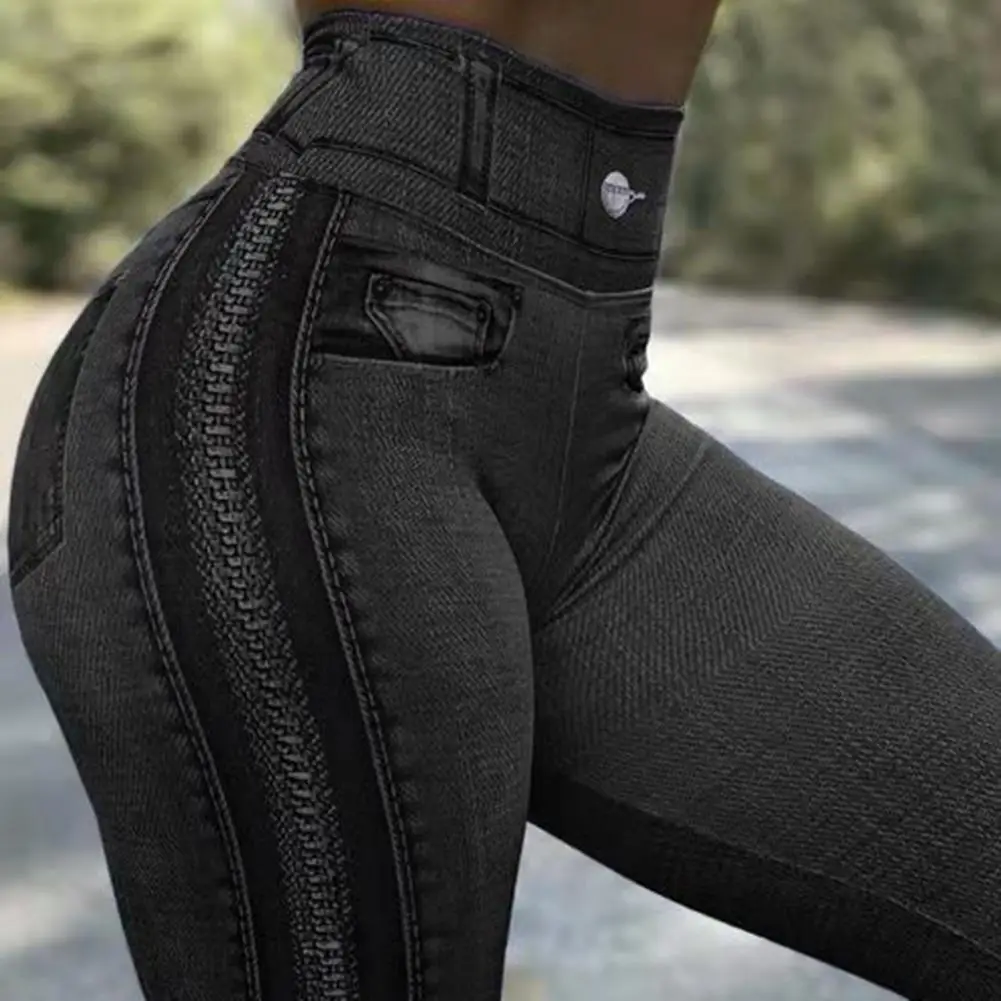 

Trendy Bodycon Trousers Decorative Pockets Slim Quick Drying High Waist Imitation Jeans Yoga Leggings