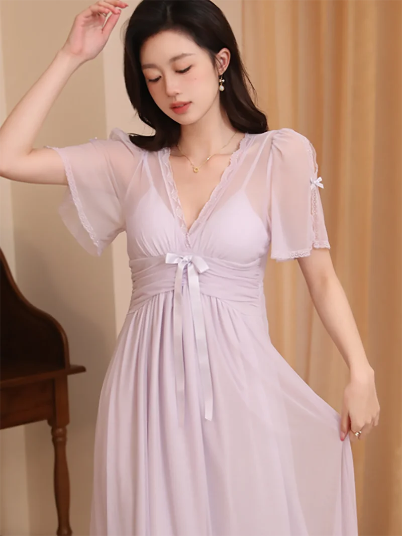 Women Female French Nightgowns Summer Ruffles Sexy Nighty Dress Sexy Mesh Sweet Fairy Victorian Pajamas Sleepwear Homewear