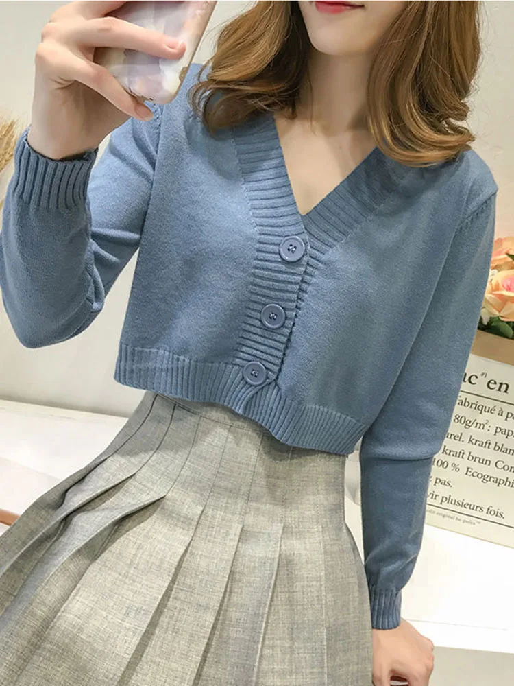 Вязаный Укороченный кардиган женский короткий свитер в Корейском стиле с