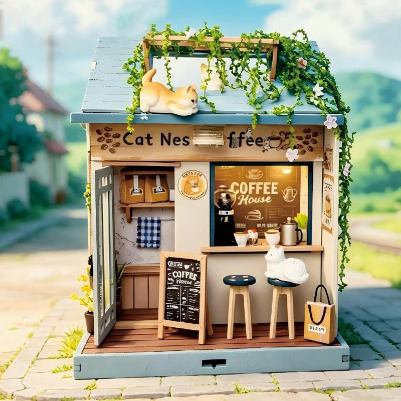Фото Набор для сборки 3D-пазлов DIY: деревянный кофейный домик-котельня с подсветкой, миниатюрная модель, подарок для друзей и девушек на день рождения №2