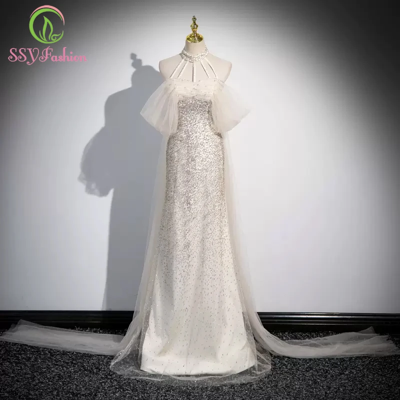 

SSYFashion new luxury beige mermaid evening dress sexy halter sequins party formal gowns for women vestidos de fiesta