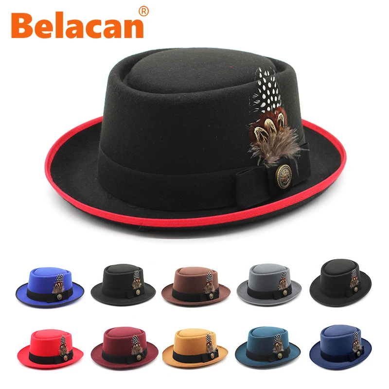 Vintage Pork Pie Hat For Men Wide Brim Wool Felt Black Fedora Hat Church Jazz Ribbon Trilby Panama Gangsters Gentlemen Hat Women
