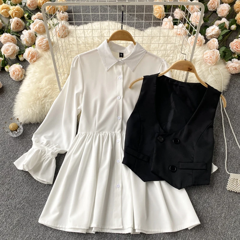 

Spring Fall Women's Puff Sleeve Ruffle Shirt Dress Double Breasted Vest Two Piece Sets College Style Waistband Two Sets Top New