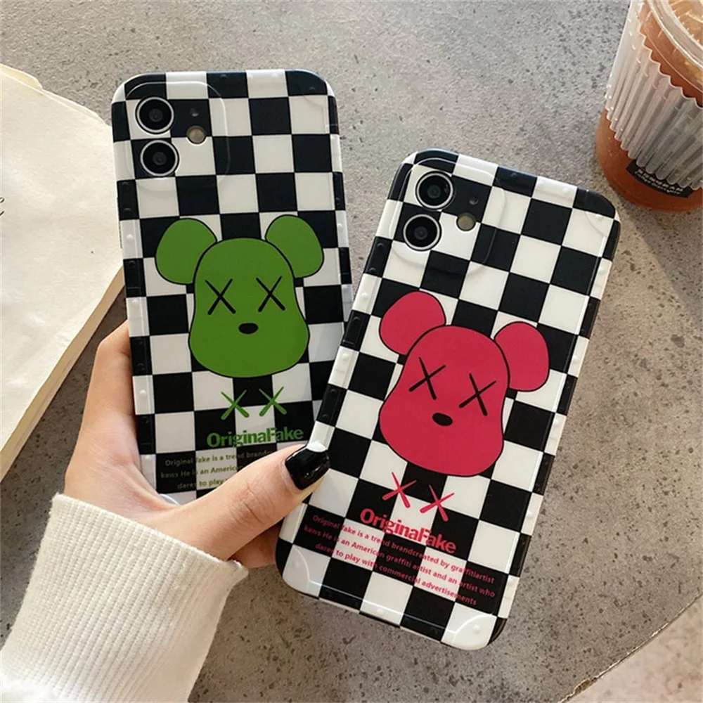 

Fashion Bear Checkerboard Case Cover for IPhone 7 8 Plus 11 12 13 Pro X XR XS Max Shockproof Phone Case IPhone 13 Case